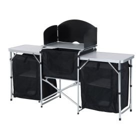 Outsunny Portable Camping Kitchen Aluminum Table Windscreen 3 Cupboards BBQ Black