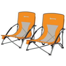 Outsunny Set of 2 Folding Beach Chairs with Mesh Back, Carry Bag and Cup Holder for Outdoor Camping Lawn Sports Picnic, Orange