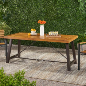 Outdoor Lovewood Metal Base Dining Table, Teak Wood (Color: brown)
